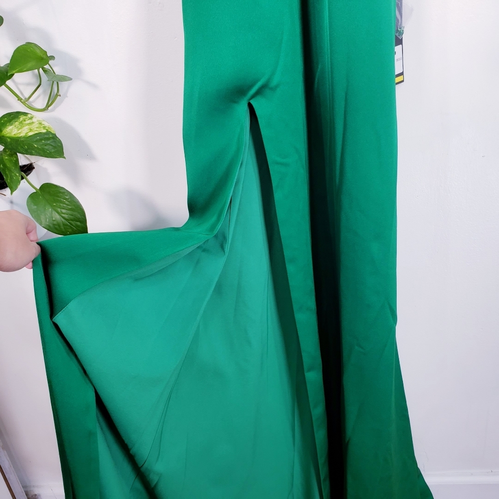 NWT LA FEMME High Halter Beaded Sheath Satin Gown - Picture 9 of 12